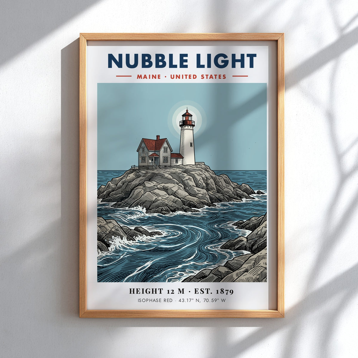 Poster of Nubble Light in Maine featuring a lighthouse on rocky coastal shores.