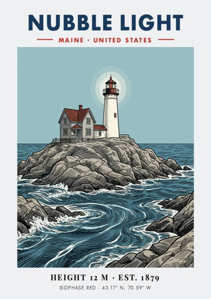 Poster of Nubble Light in Maine featuring a lighthouse on rocky coastal shores.