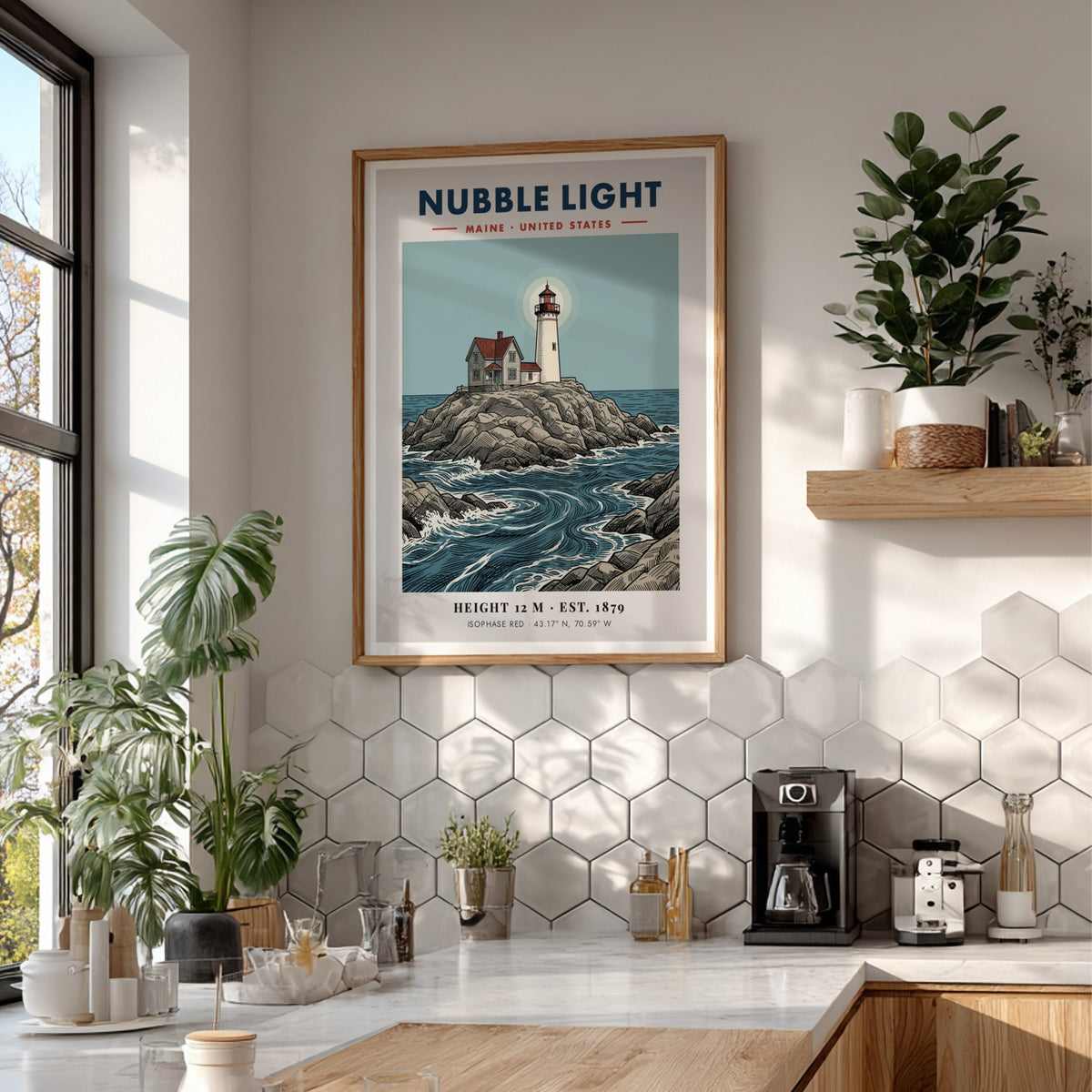 Poster of Nubble Light in Maine featuring a lighthouse on rocky coastal shores.