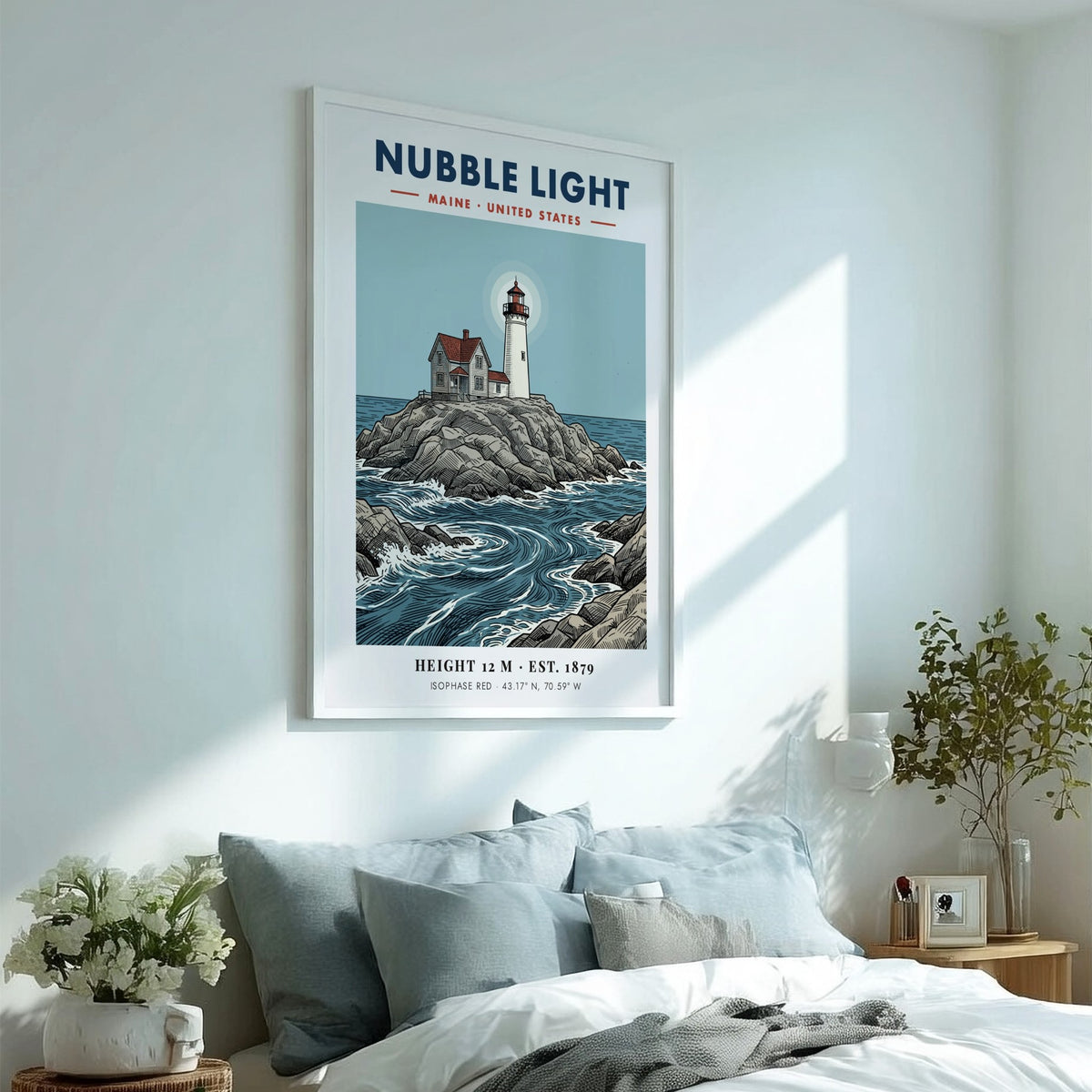 Poster of Nubble Light in Maine featuring a lighthouse on rocky coastal shores.