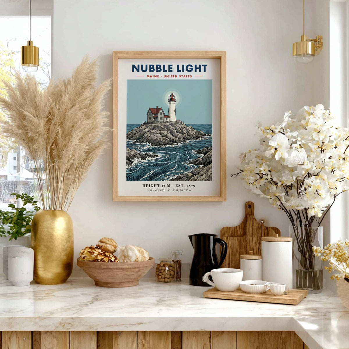 Poster of Nubble Light in Maine featuring a lighthouse on rocky coastal shores.