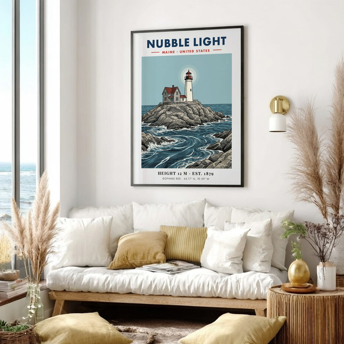 Poster of Nubble Light in Maine featuring a lighthouse on rocky coastal shores.
