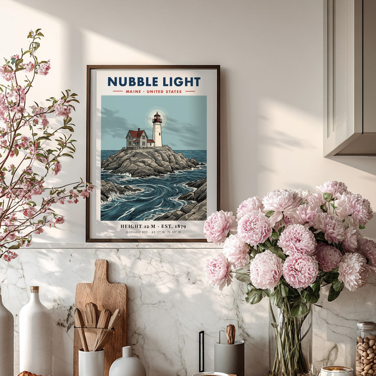 Poster of Nubble Light in Maine featuring a lighthouse on rocky coastal shores.