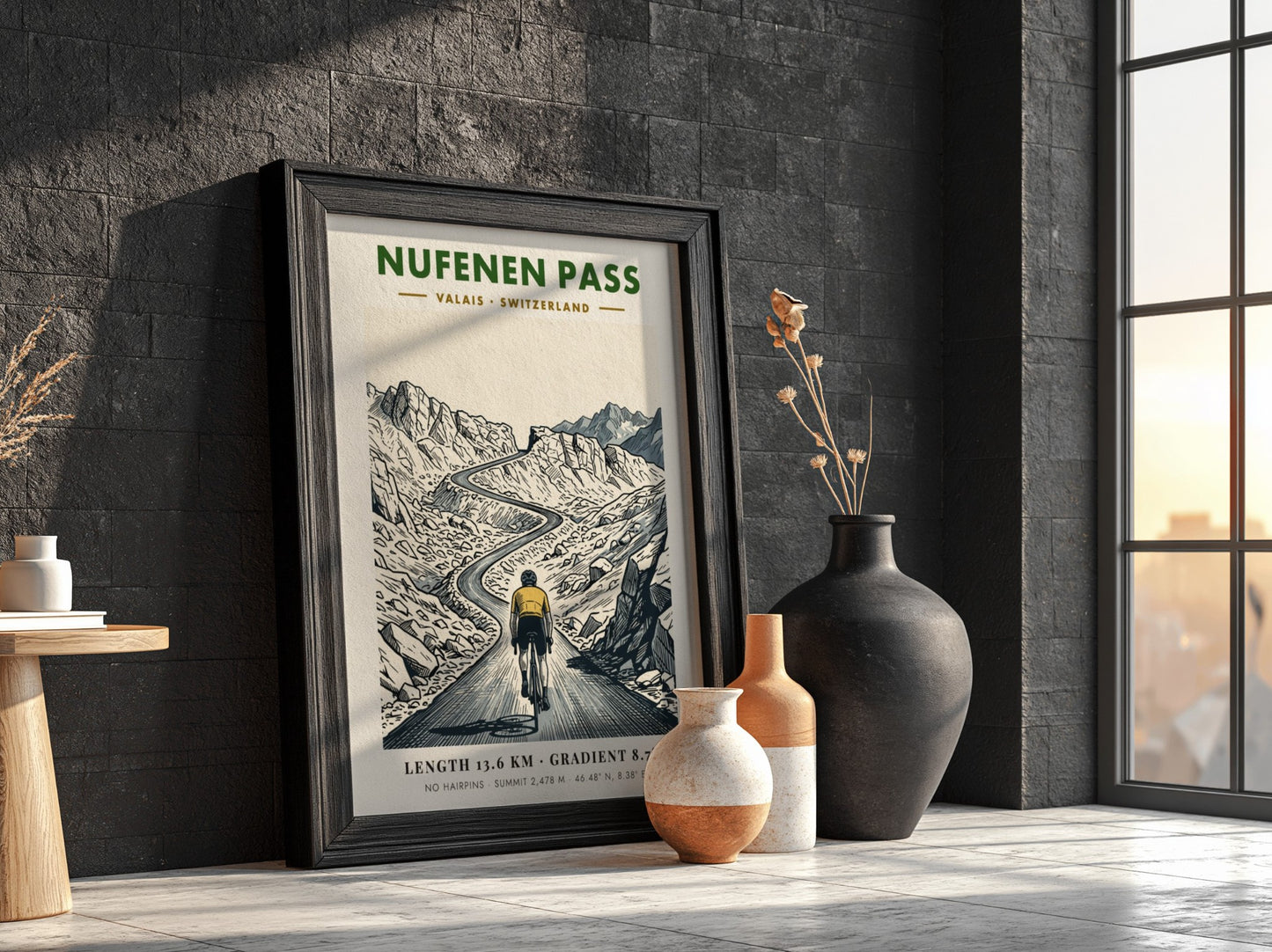 Cycling poster of Nufenen Pass in Switzerland featuring a mountain climber on road