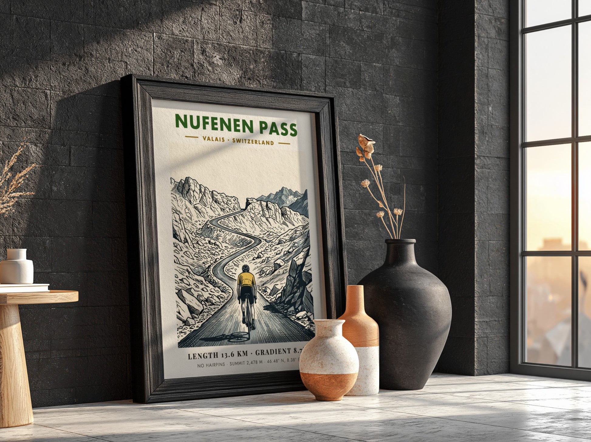 Cycling poster of Nufenen Pass in Switzerland featuring a mountain climber on road