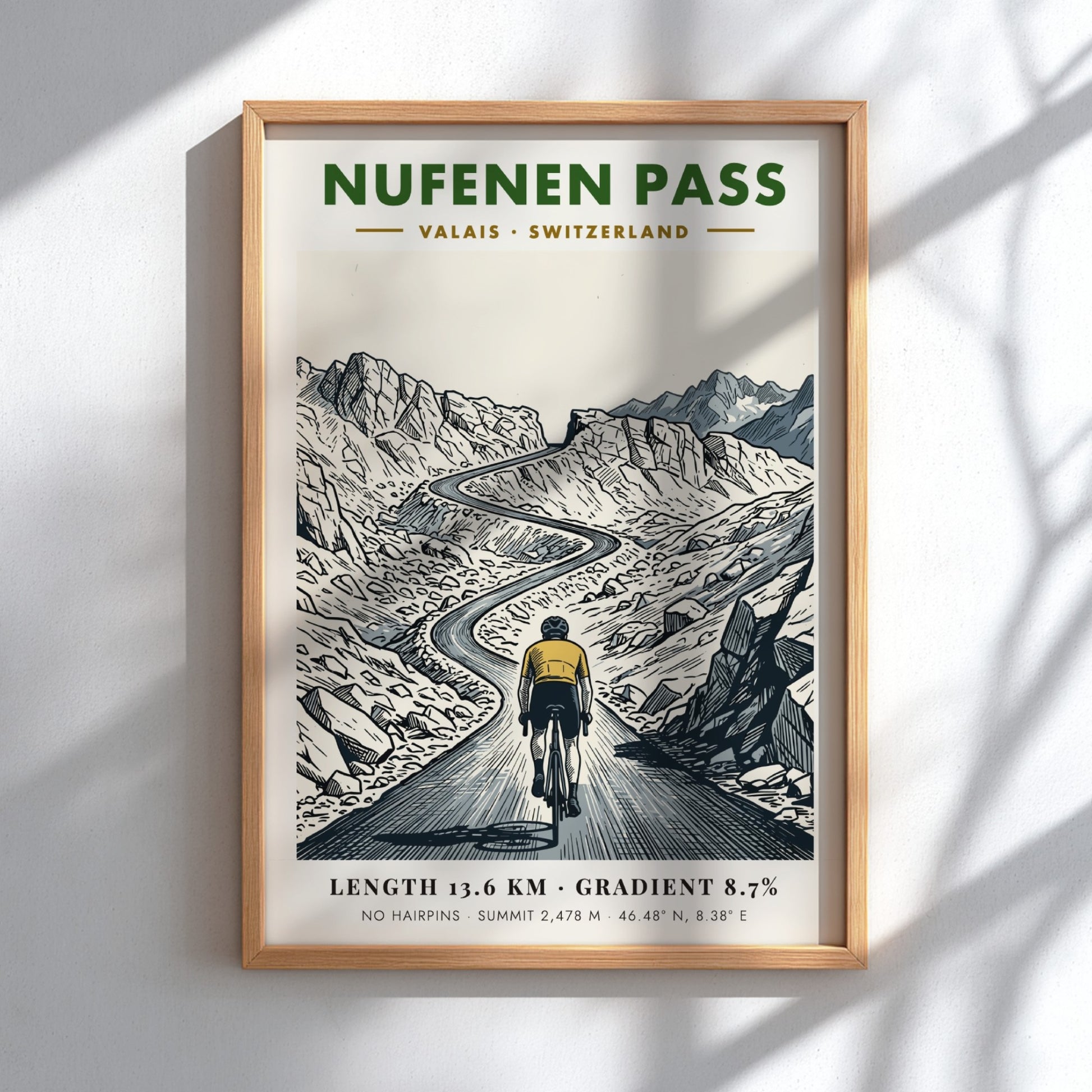Cycling poster of Nufenen Pass in Switzerland featuring a mountain climber on road