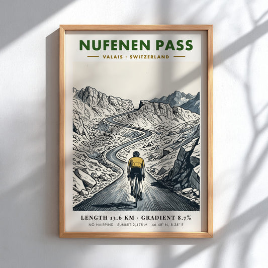 Cycling poster of Nufenen Pass in Switzerland featuring a mountain climber on road