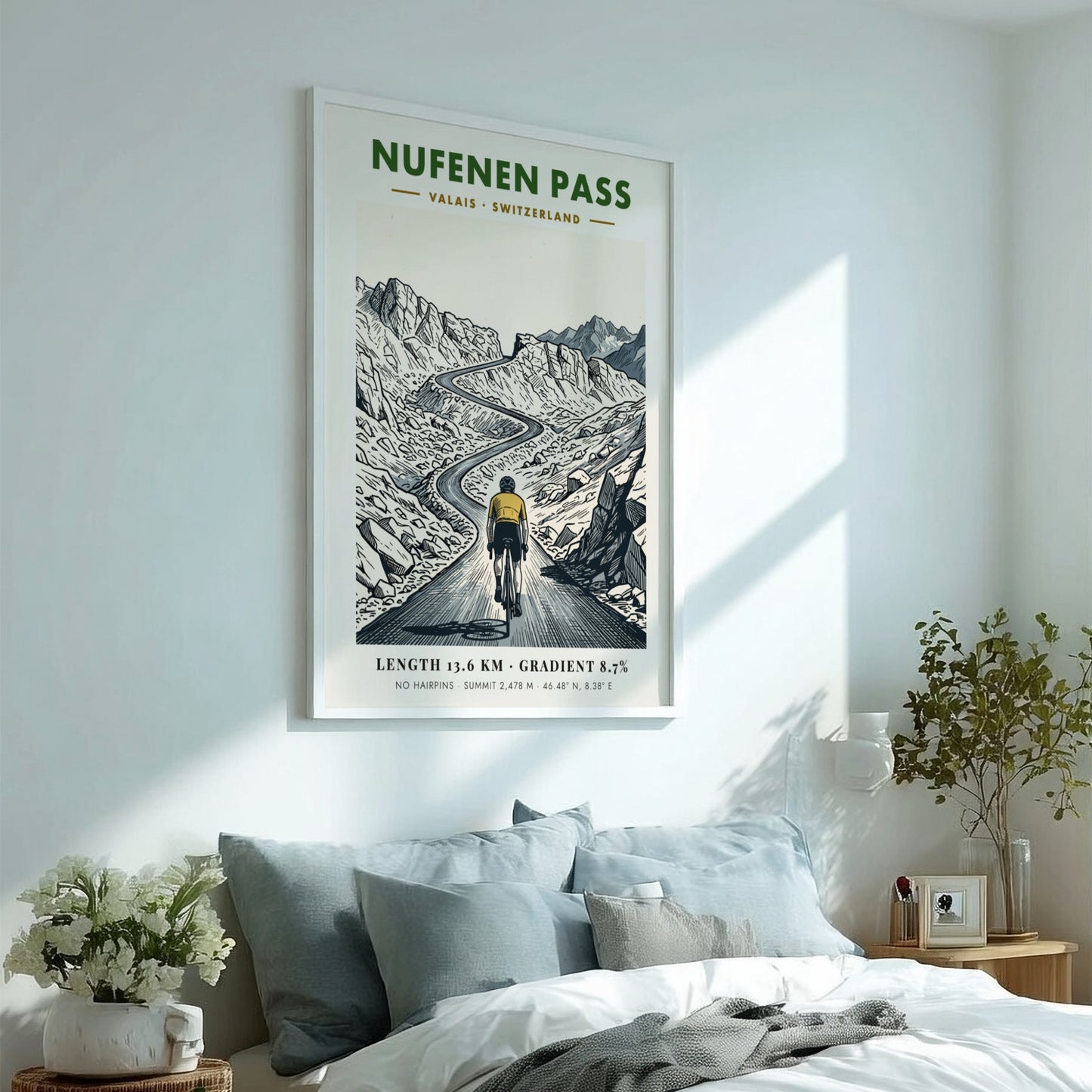 Cycling poster of Nufenen Pass in Switzerland featuring a mountain climber on road