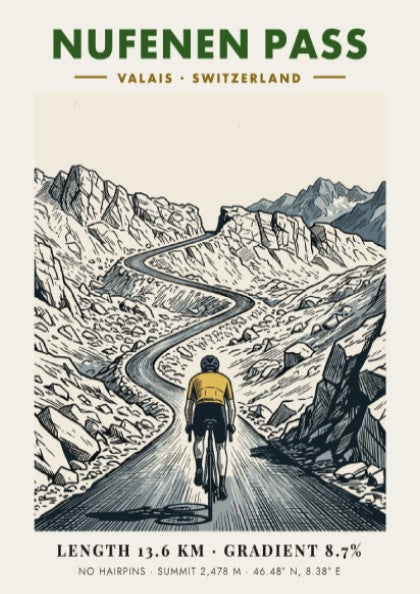 Cycling poster of Nufenen Pass in Switzerland featuring a mountain climber on road