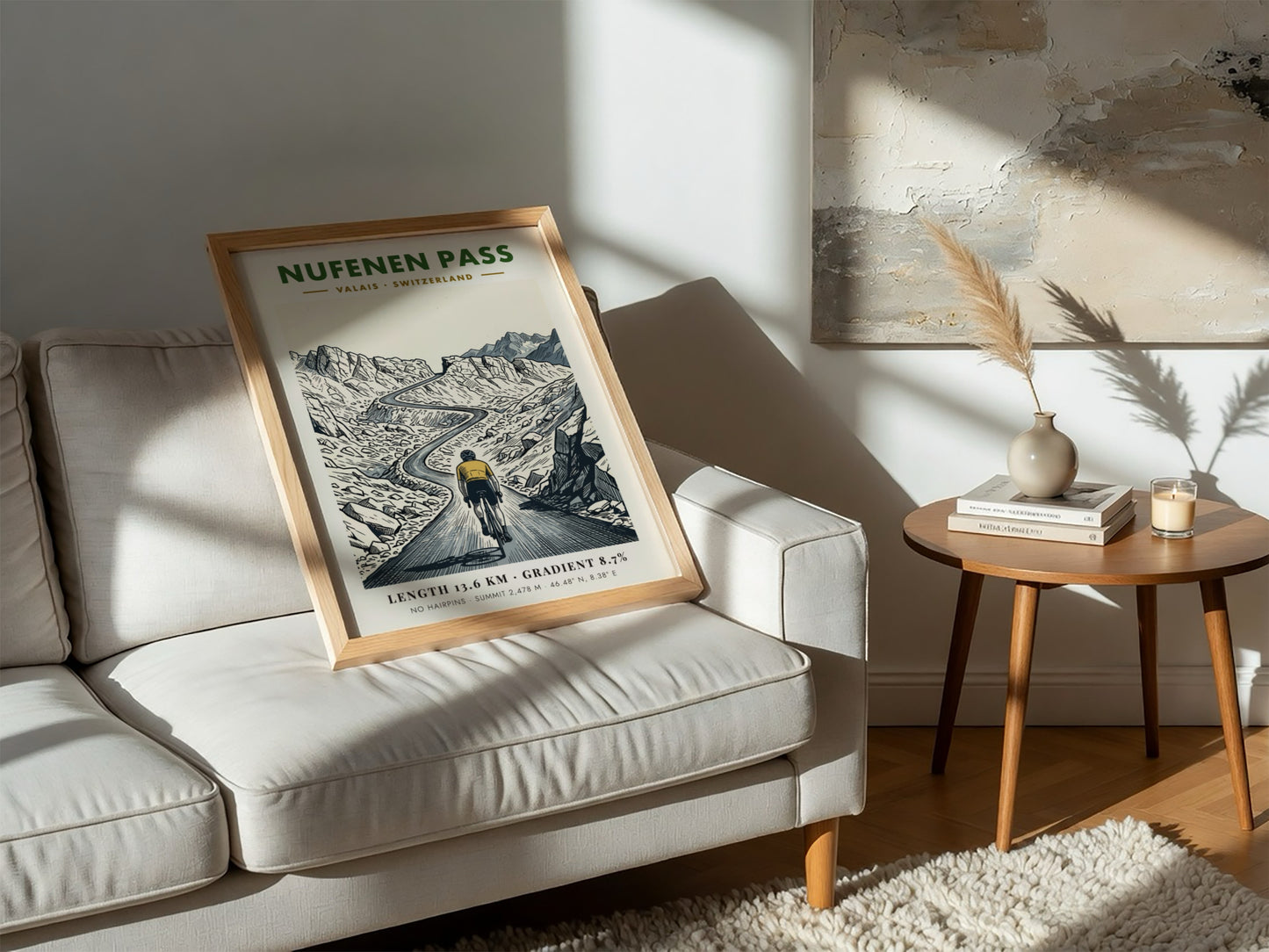 Cycling poster of Nufenen Pass in Switzerland featuring a mountain climber on road
