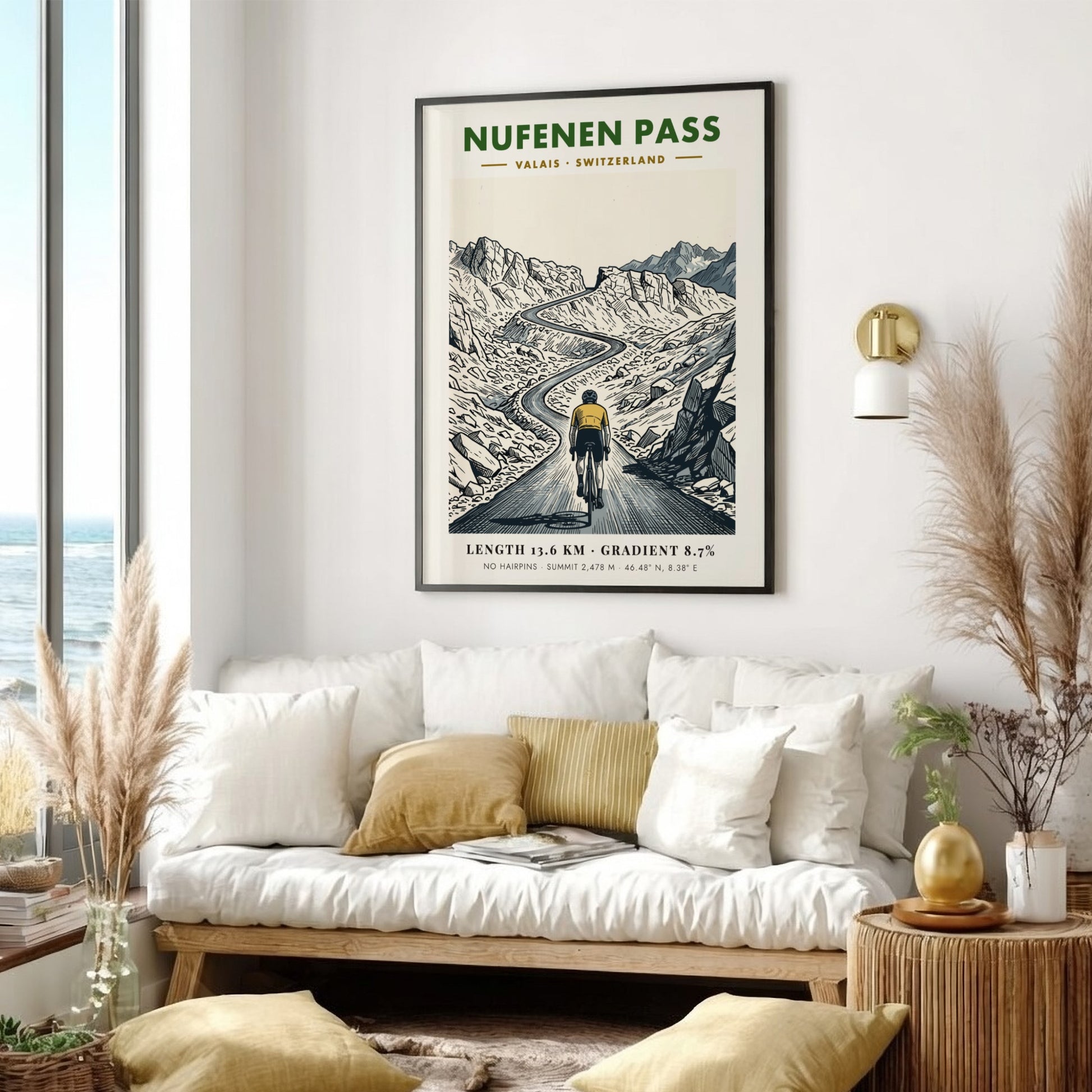 Cycling poster of Nufenen Pass in Switzerland featuring a mountain climber on road