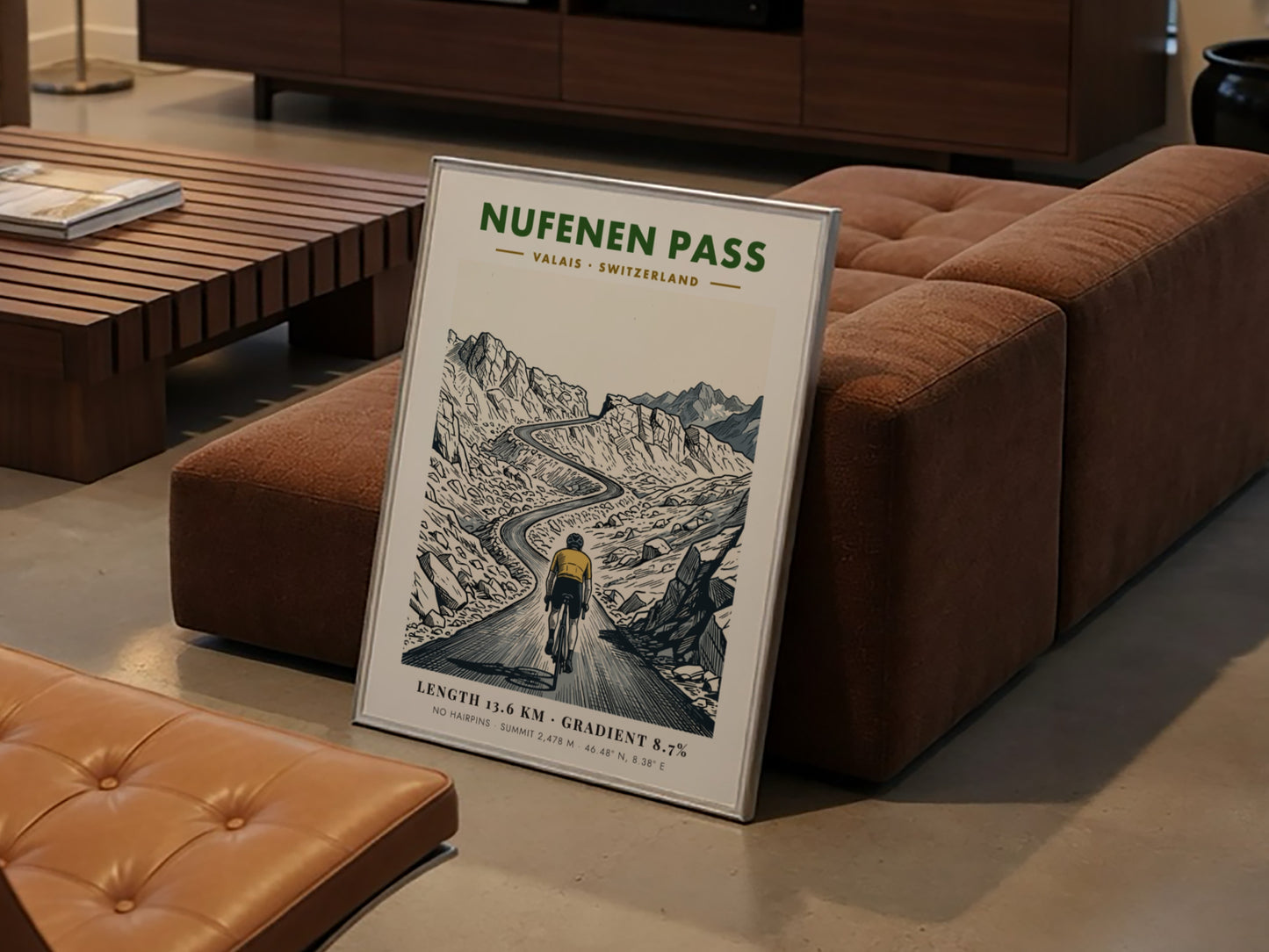 Cycling poster of Nufenen Pass in Switzerland featuring a mountain climber on road