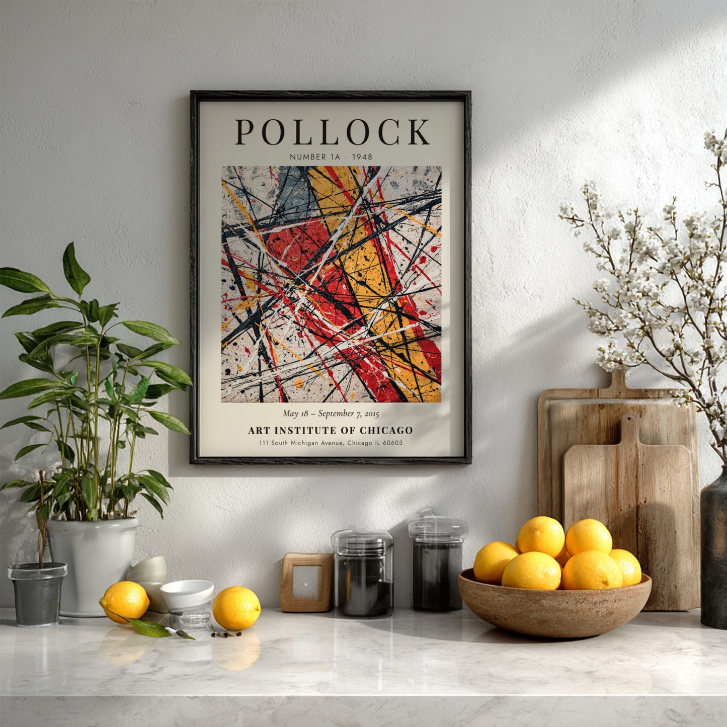 Wall art poster featuring Jackson Pollock Number 1A 1948 with black yellow red splatters