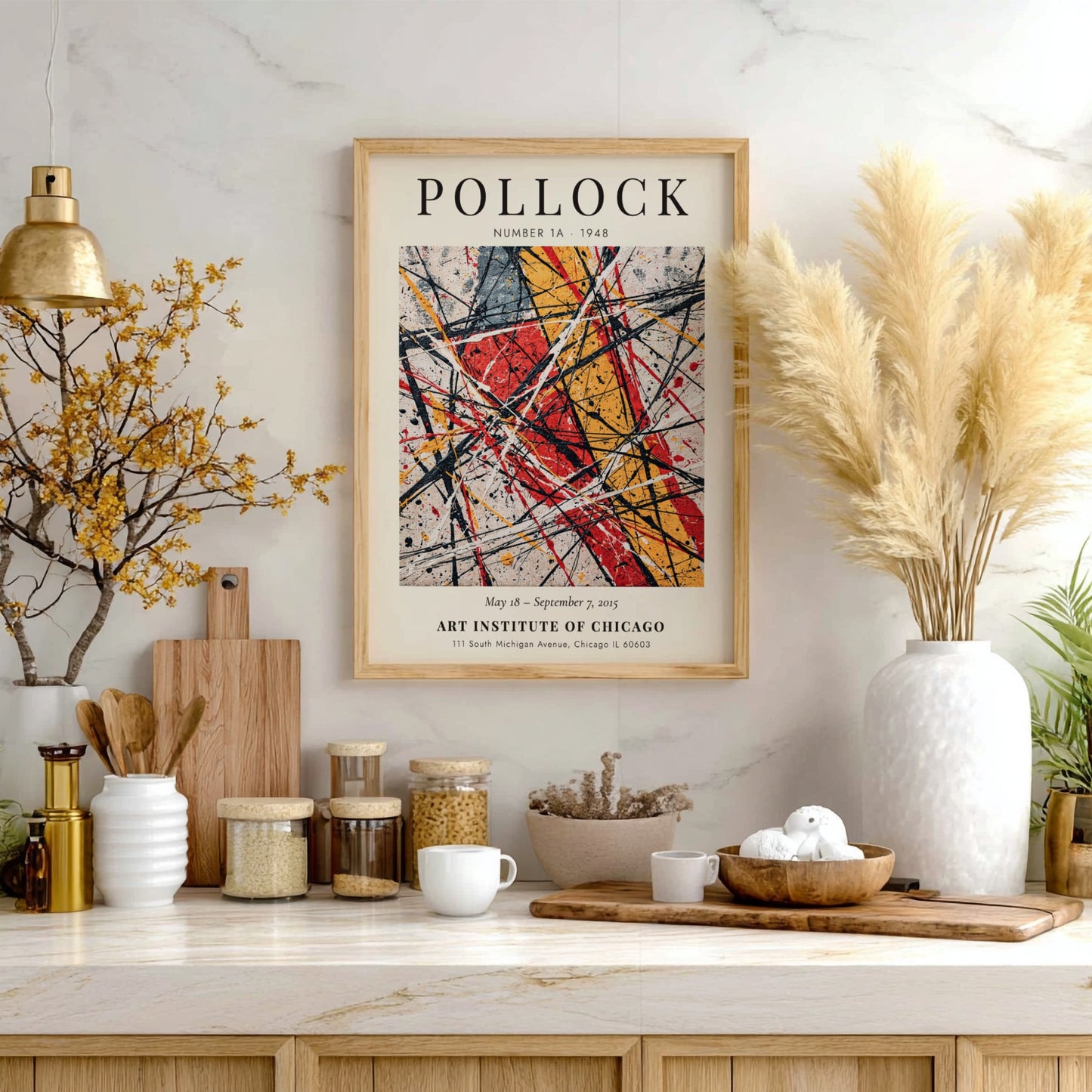Wall art poster featuring Jackson Pollock Number 1A 1948 with black yellow red splatters