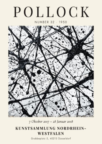 Wall art poster featuring Jackson Pollock Number 32 exhibition text with black ink splatters.