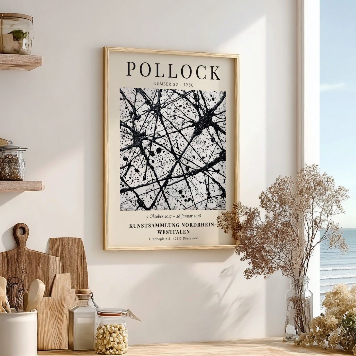 Wall art poster featuring Jackson Pollock Number 32 exhibition text with black ink splatters.