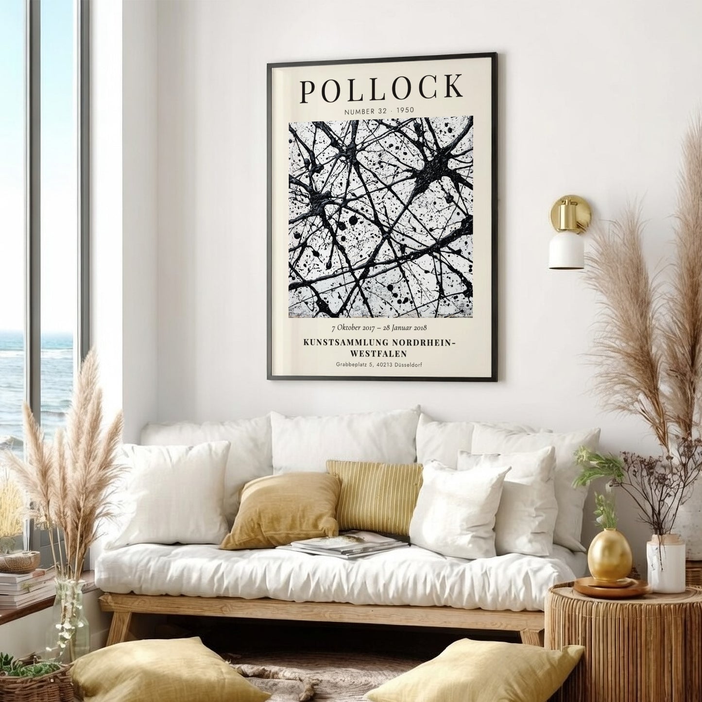 Wall art poster featuring Jackson Pollock Number 32 exhibition text with black ink splatters.