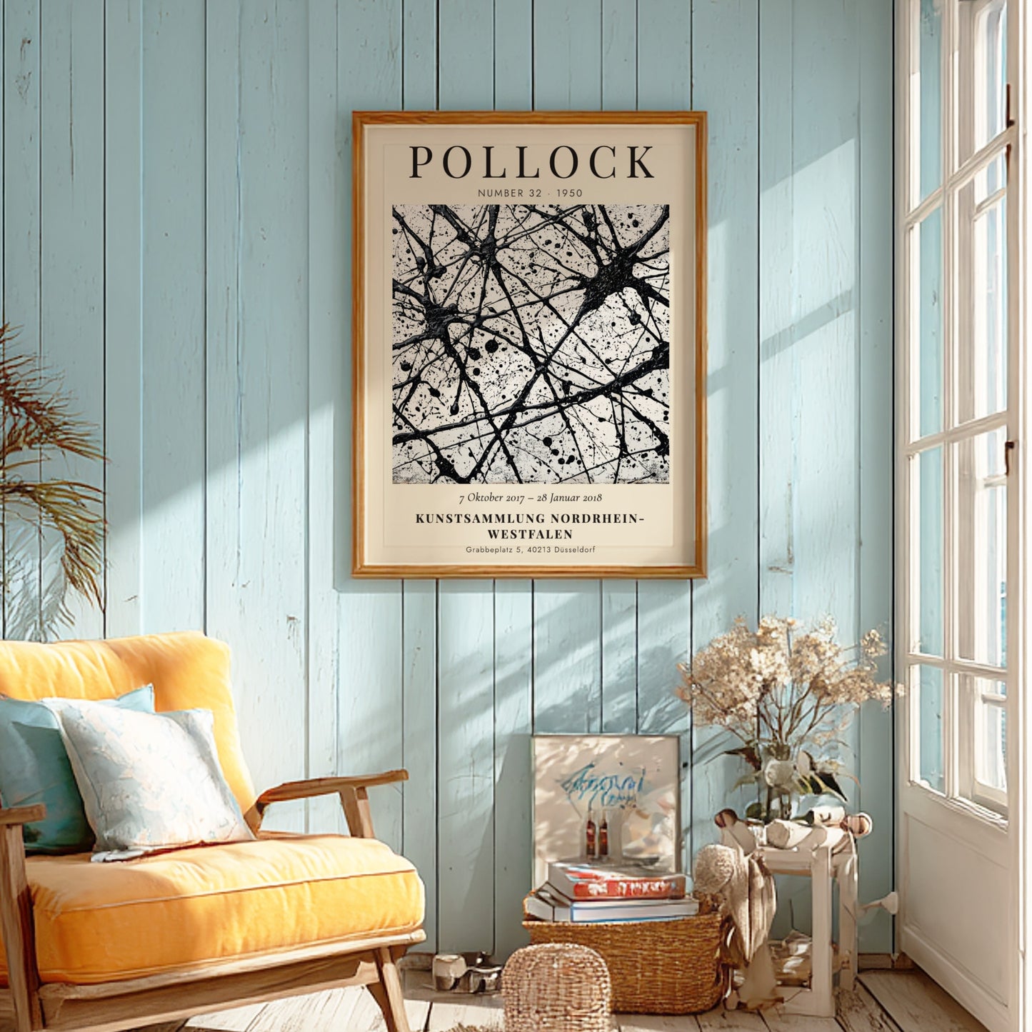 Wall art poster featuring Jackson Pollock Number 32 exhibition text with black ink splatters.