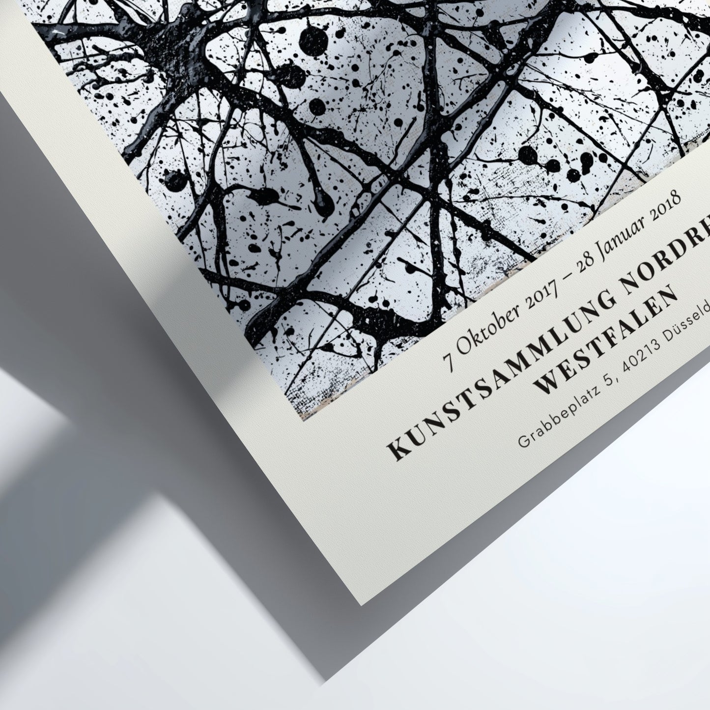 Wall art poster featuring Jackson Pollock Number 32 exhibition text with black ink splatters.
