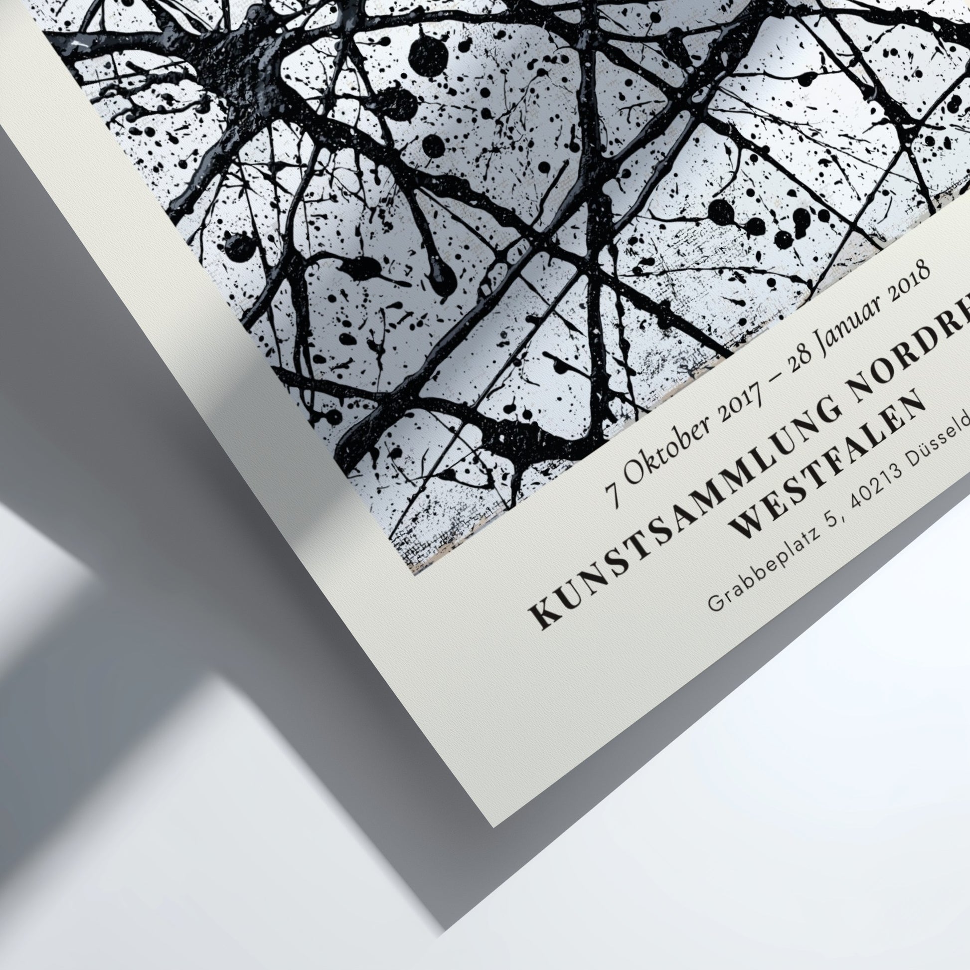 Wall art poster featuring Jackson Pollock Number 32 exhibition text with black ink splatters.