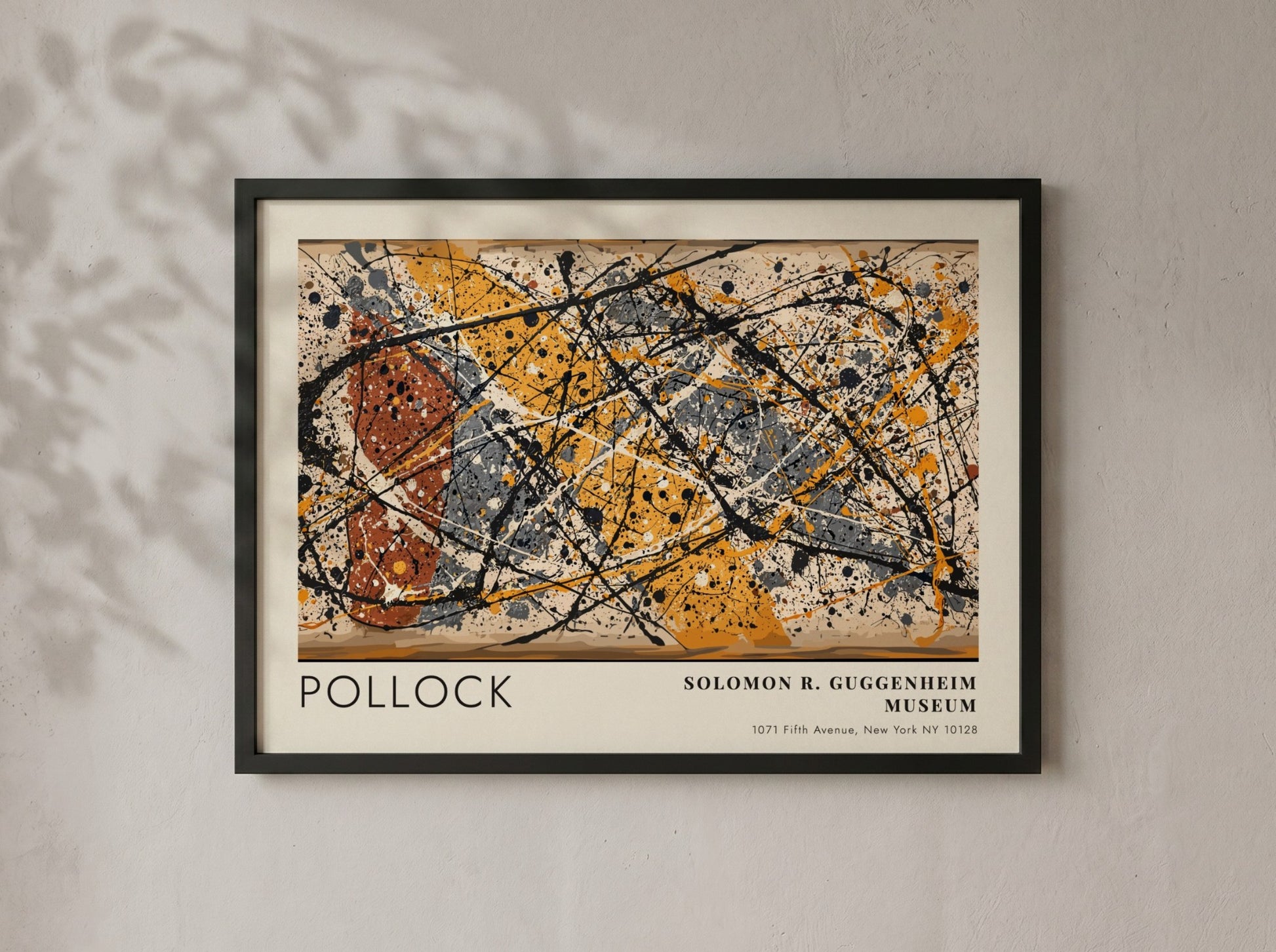 Wall art poster featuring Jackson Pollock abstract drip painting in black yellow and orange.
