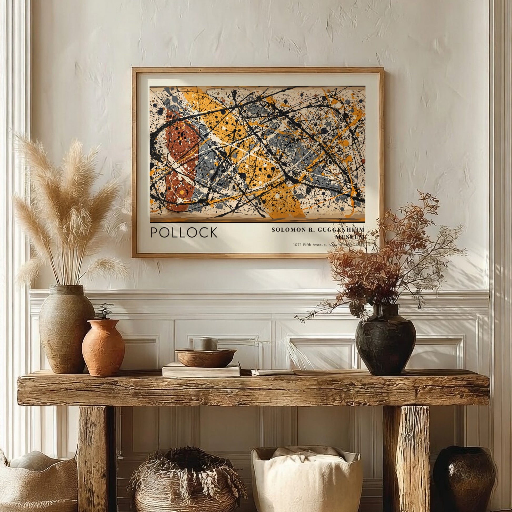 Wall art poster featuring Jackson Pollock abstract drip painting in black yellow and orange.