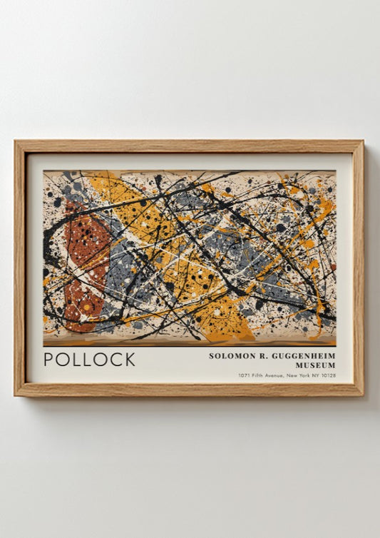 Wall art poster featuring Jackson Pollock abstract drip painting in black yellow and orange.