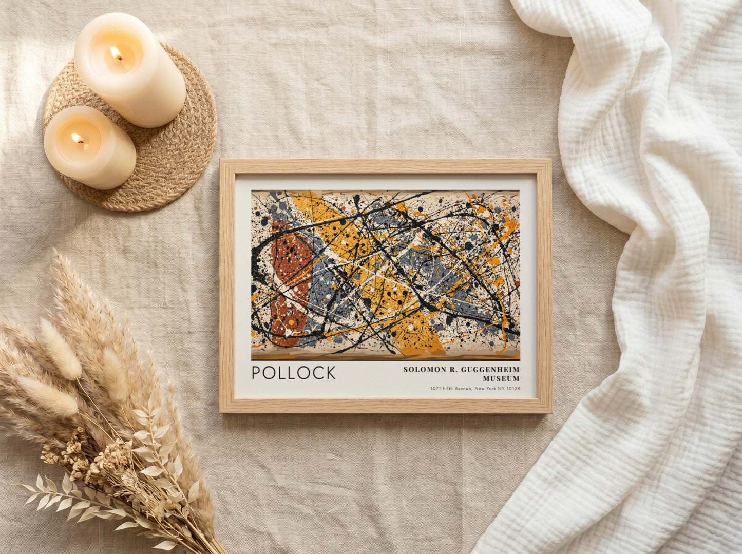 Wall art poster featuring Jackson Pollock abstract drip painting in black yellow and orange.