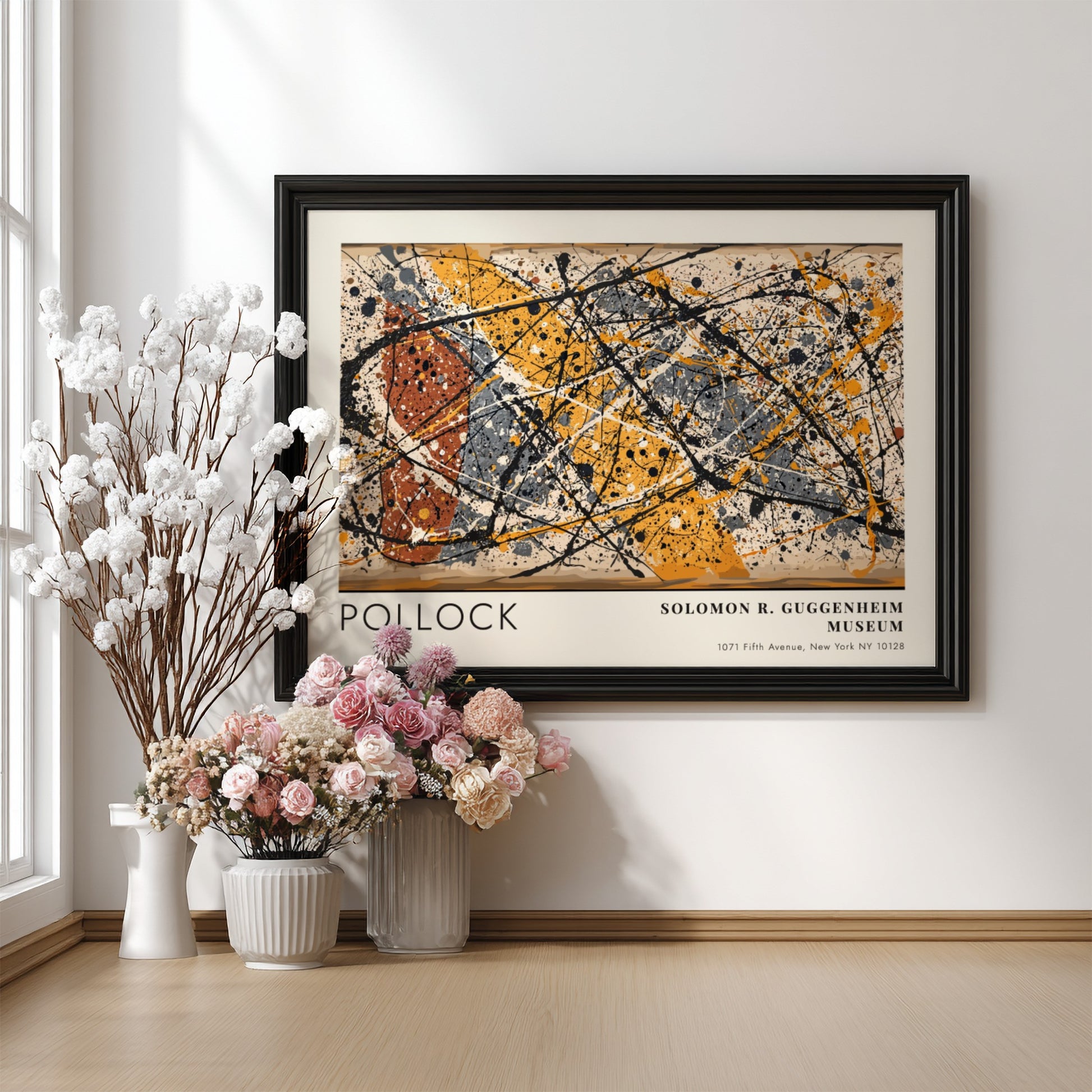 Wall art poster featuring Jackson Pollock abstract drip painting in black yellow and orange.