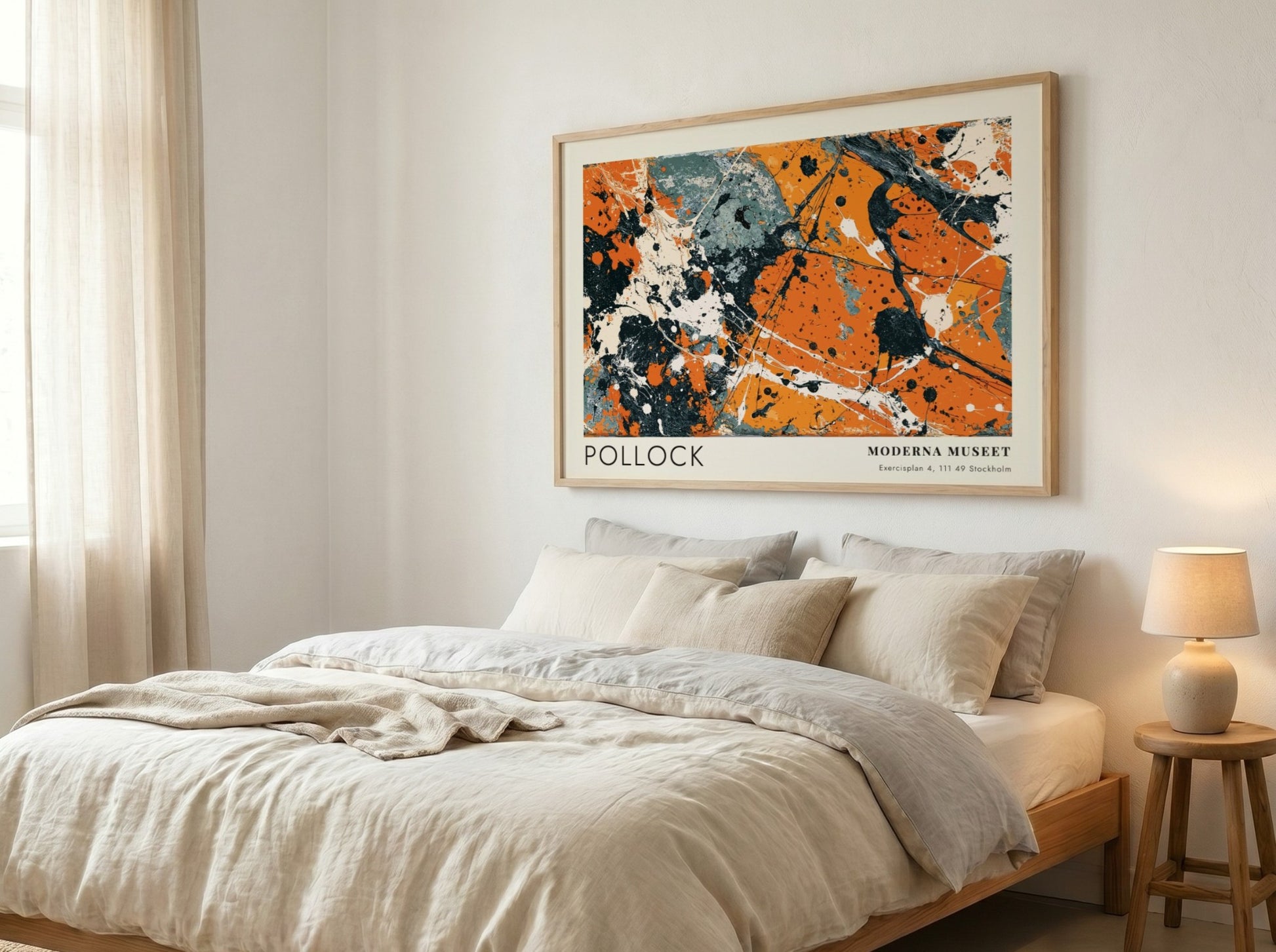 Wall art poster featuring Jackson Pollock abstract black pourings on orange and grey
