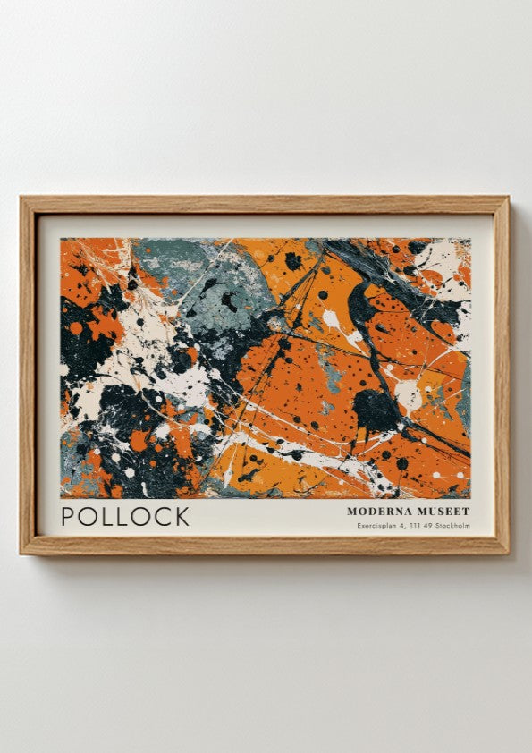 Wall art poster featuring Jackson Pollock abstract black pourings on orange and grey