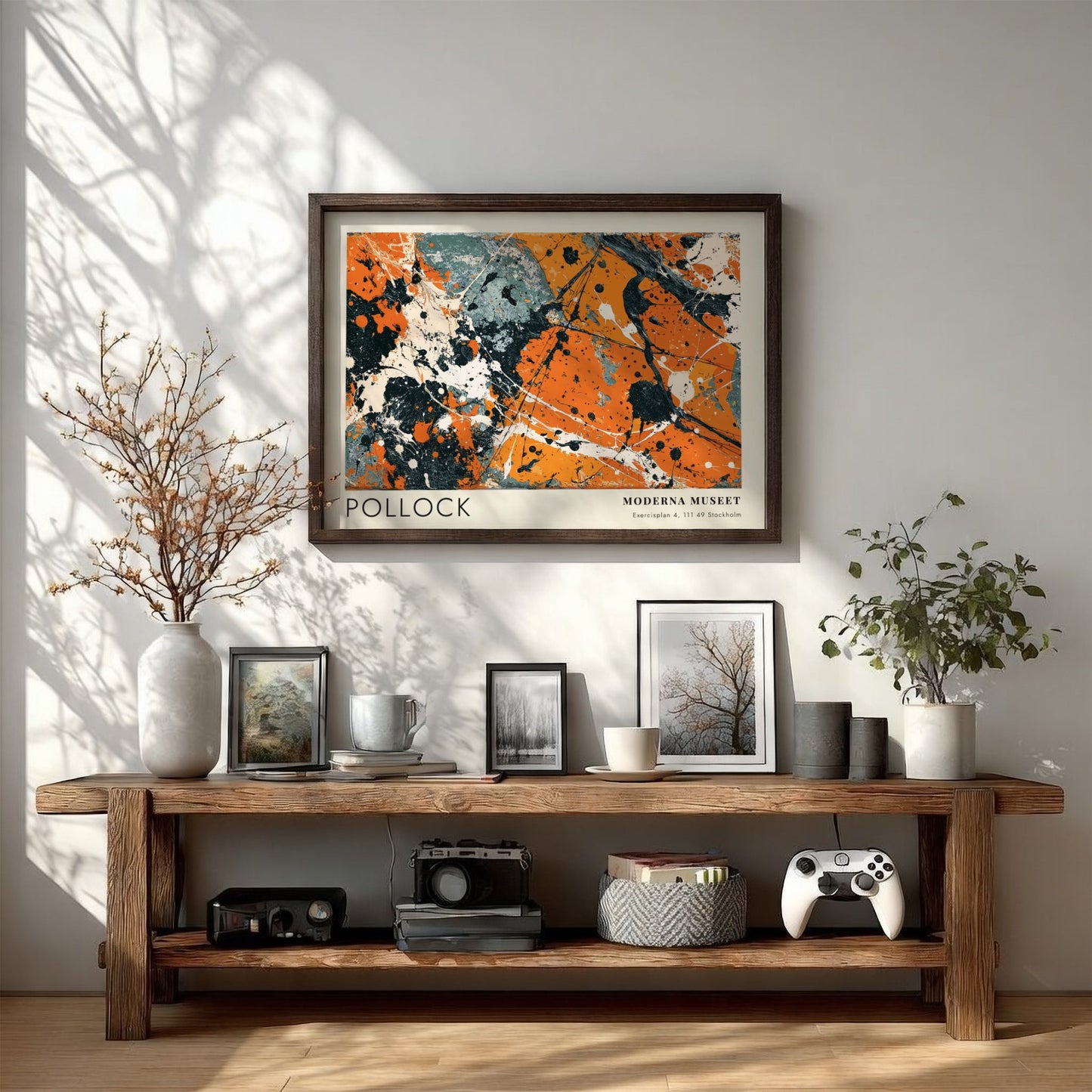 Wall art poster featuring Jackson Pollock abstract black pourings on orange and grey