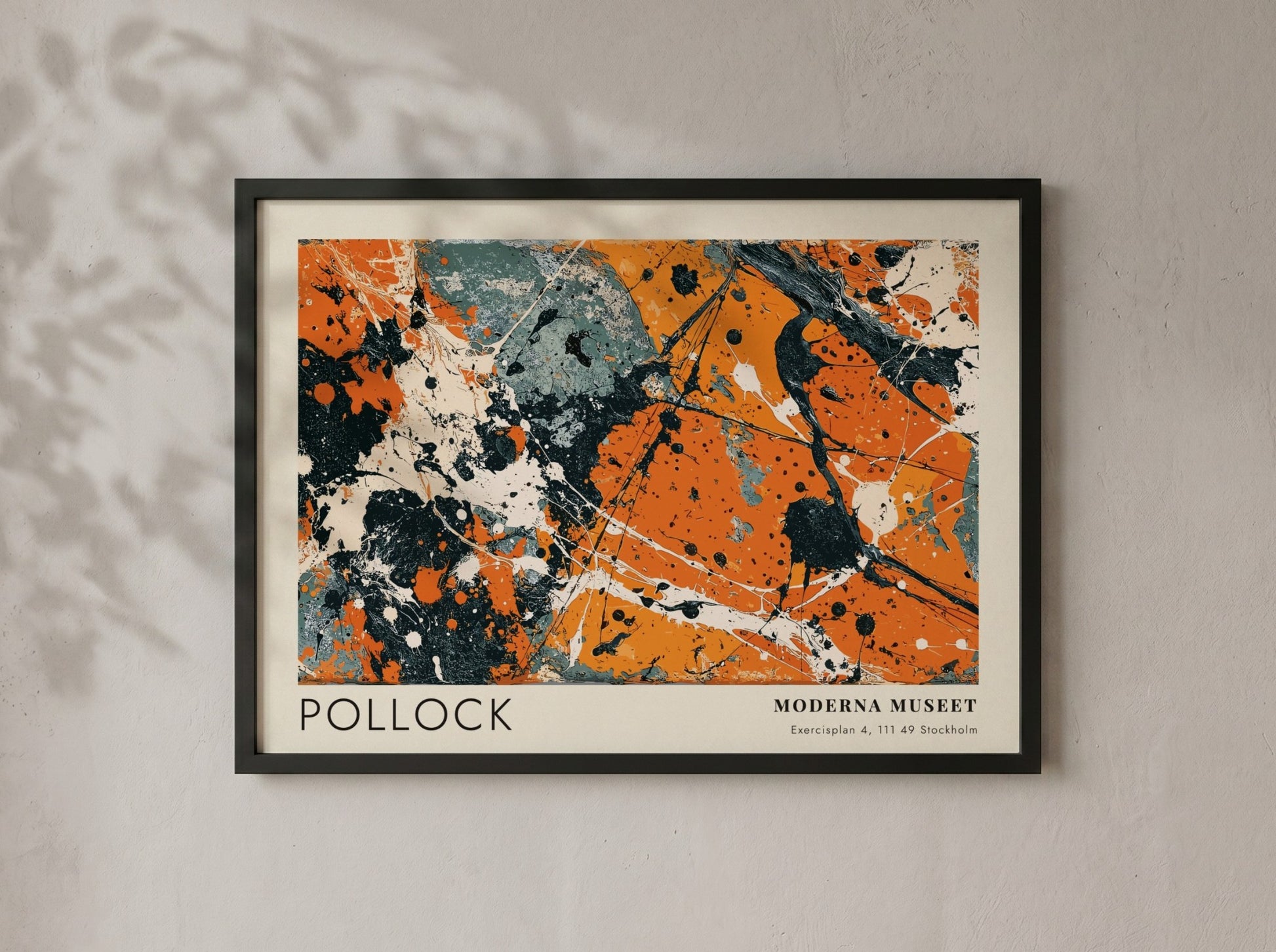 Wall art poster featuring Jackson Pollock abstract black pourings on orange and grey