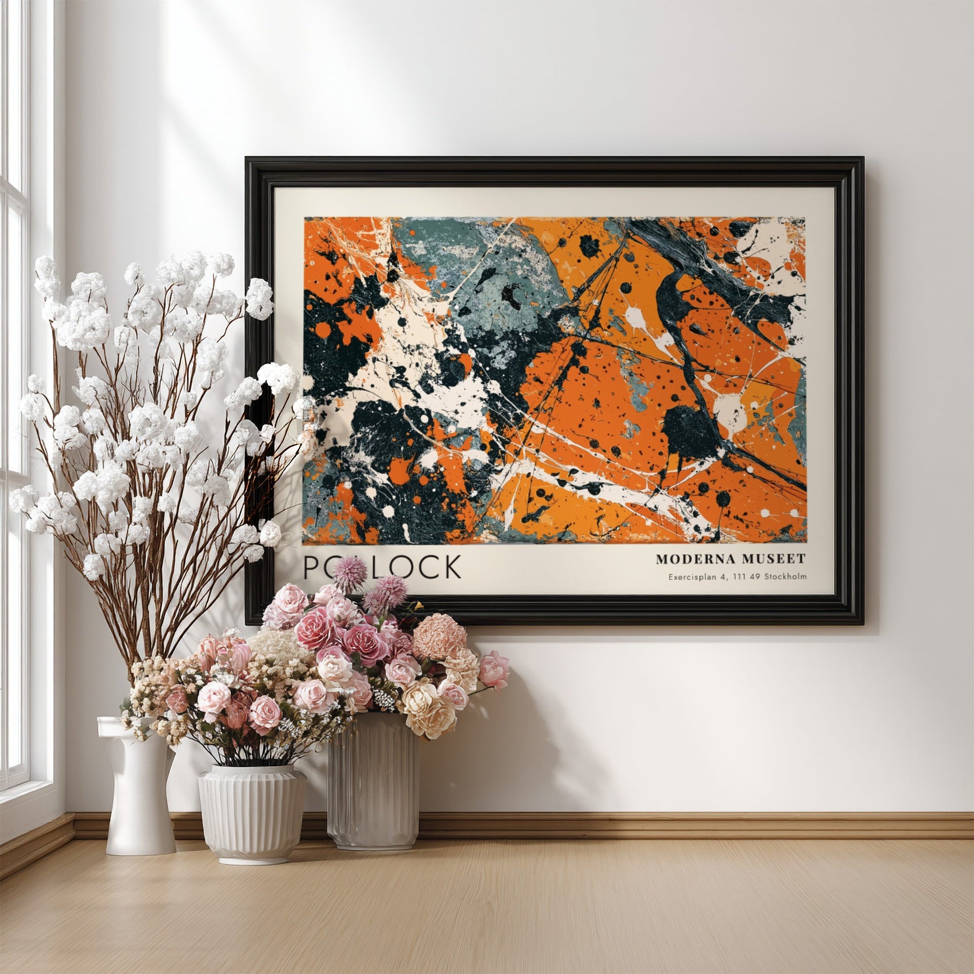 Wall art poster featuring Jackson Pollock abstract black pourings on orange and grey