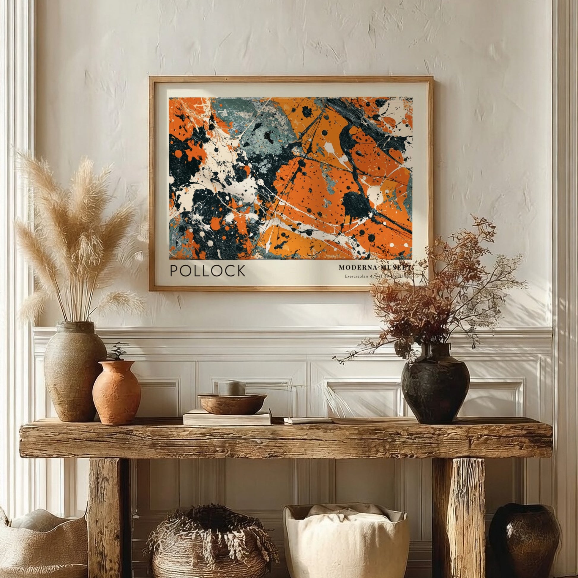 Wall art poster featuring Jackson Pollock abstract black pourings on orange and grey