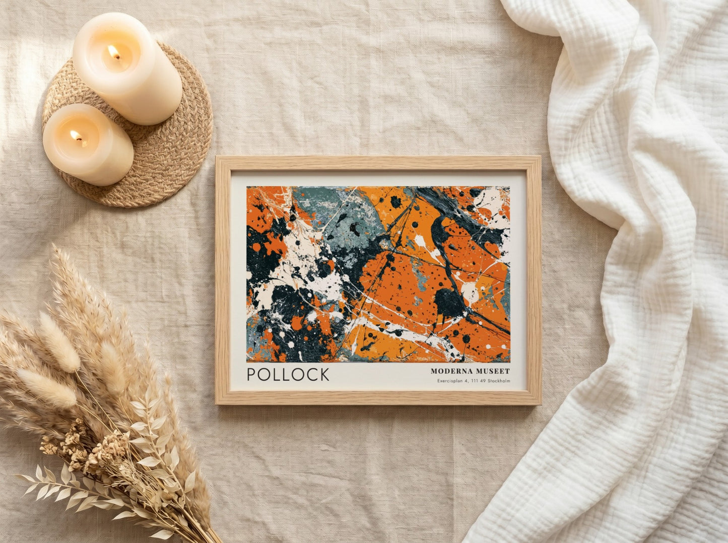 Wall art poster featuring Jackson Pollock abstract black pourings on orange and grey