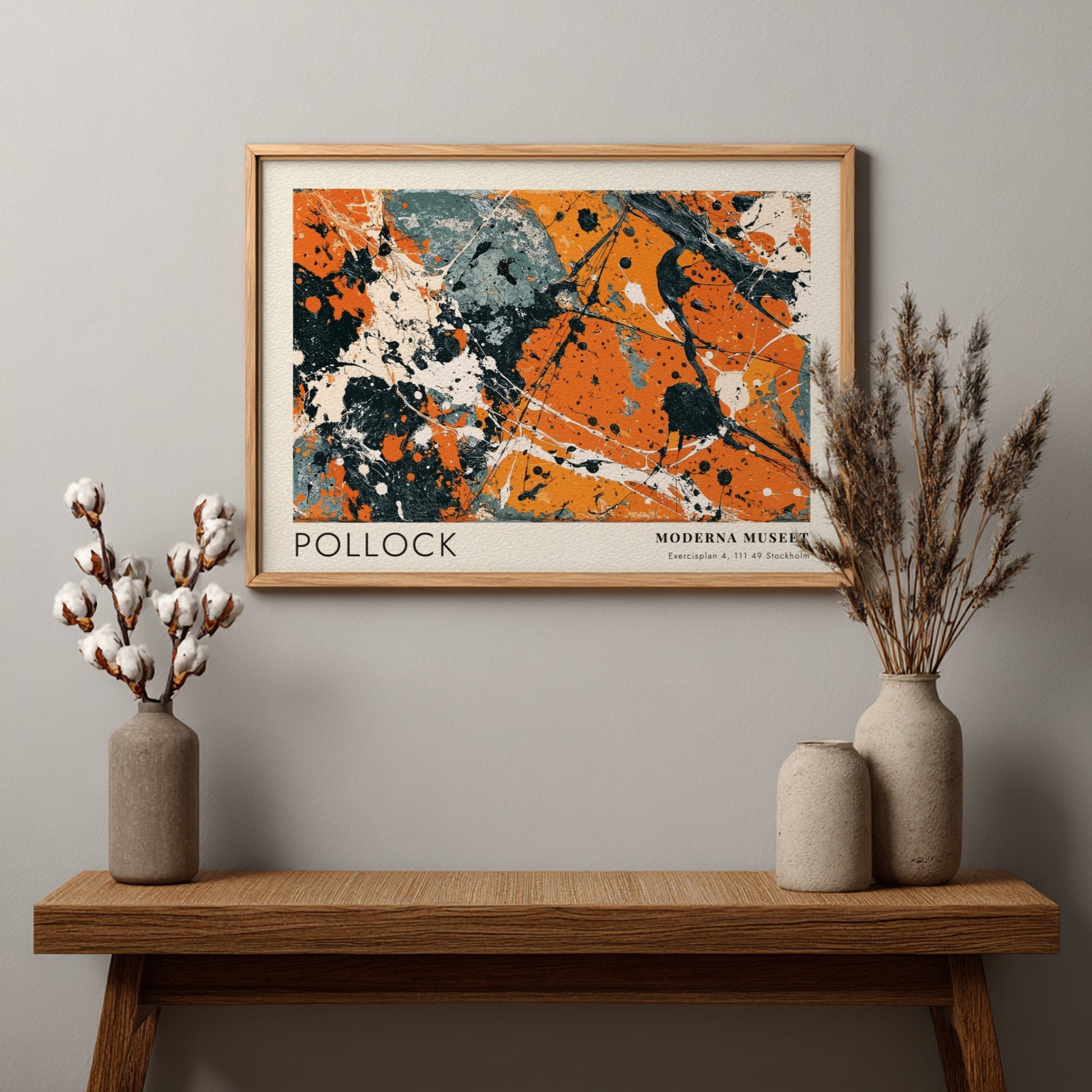 Wall art poster featuring Jackson Pollock abstract black pourings on orange and grey