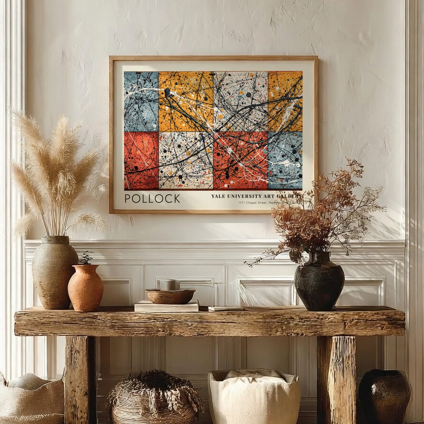 Wall art poster featuring Jackson Pollock Number 8 with black drips over colored squares.