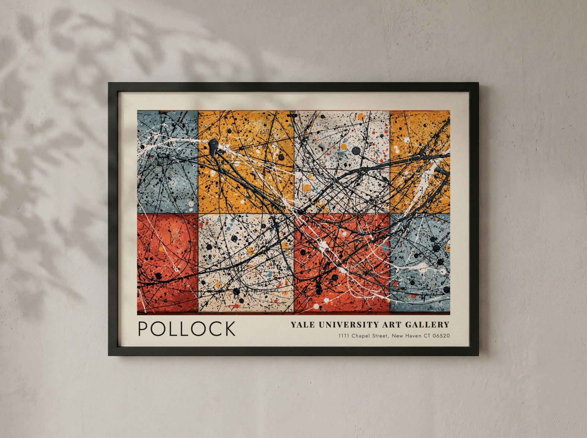 Wall art poster featuring Jackson Pollock Number 8 with black drips over colored squares.