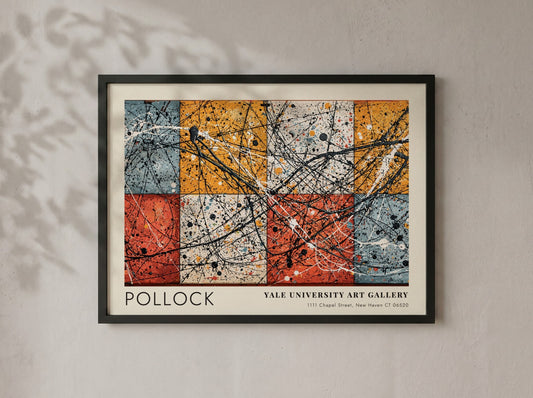 Wall art poster featuring Jackson Pollock Number 8 with black drips over colored squares.