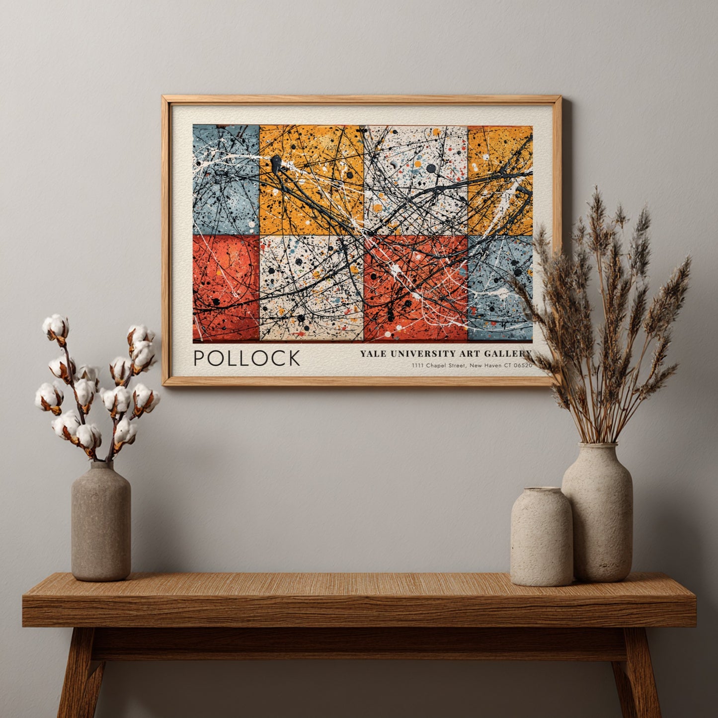 Wall art poster featuring Jackson Pollock Number 8 with black drips over colored squares.