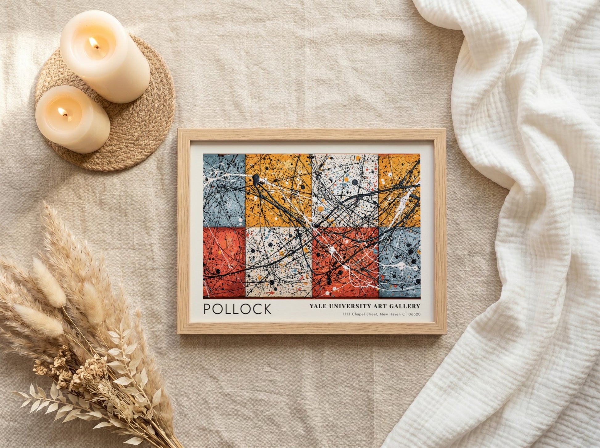 Wall art poster featuring Jackson Pollock Number 8 with black drips over colored squares.