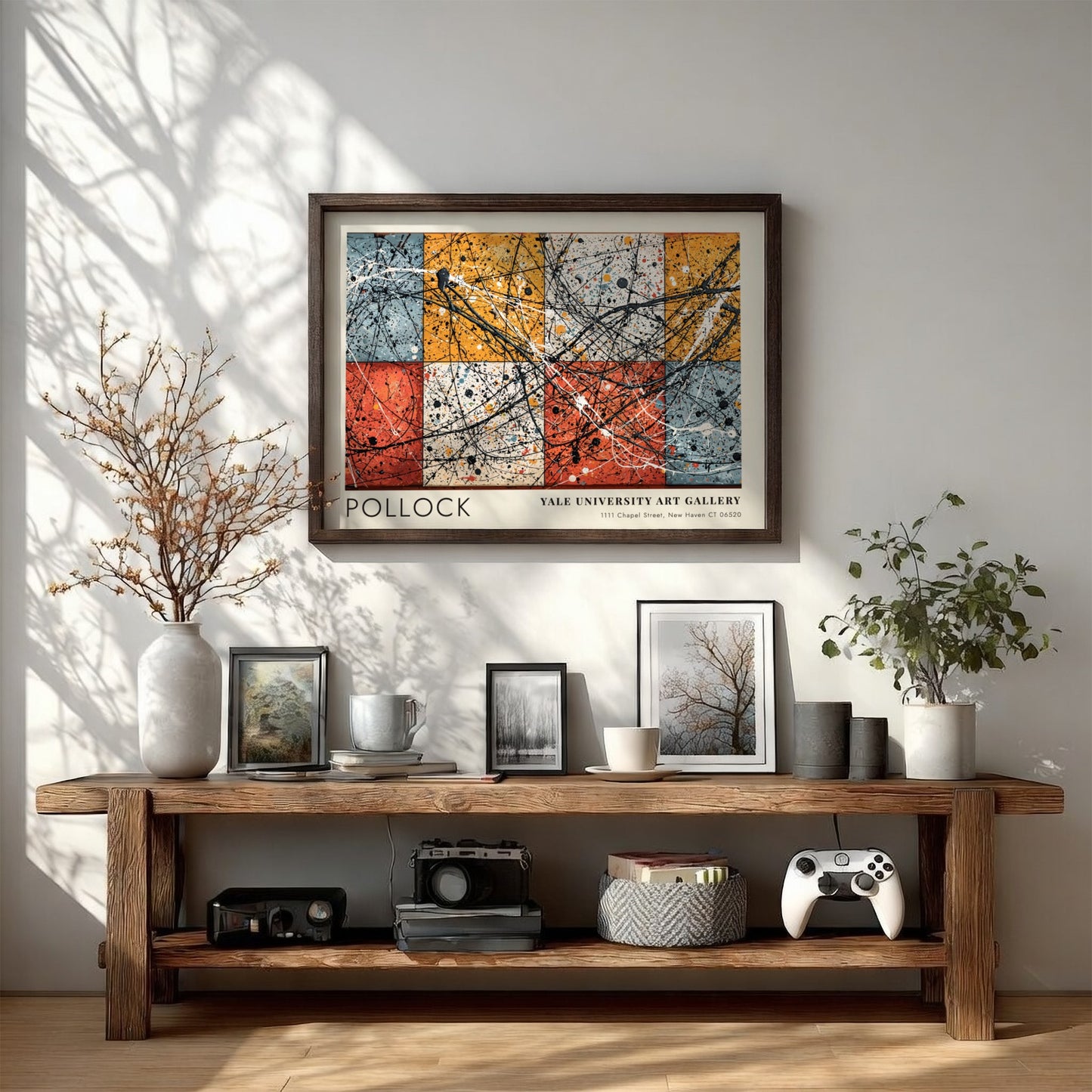 Wall art poster featuring Jackson Pollock Number 8 with black drips over colored squares.