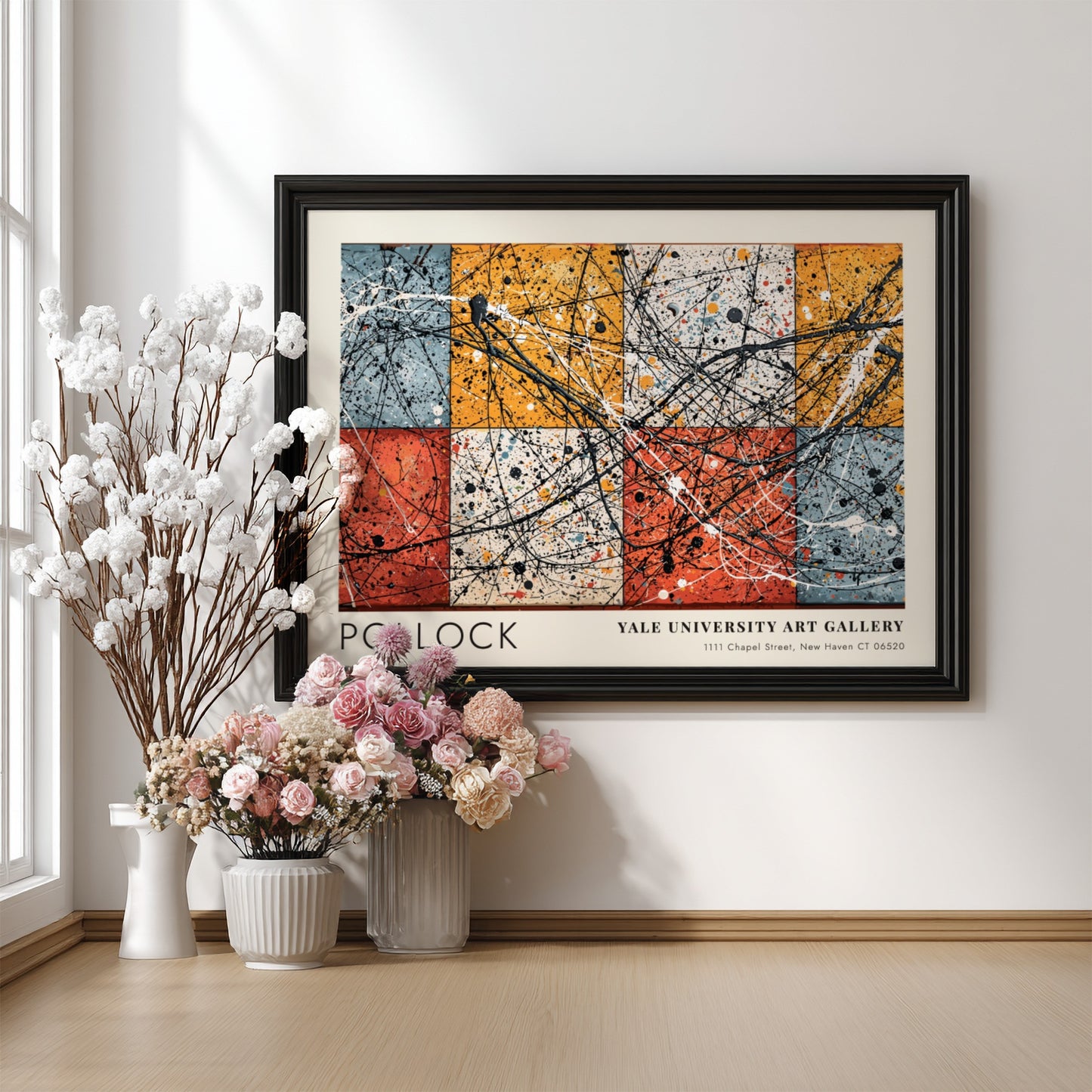 Wall art poster featuring Jackson Pollock Number 8 with black drips over colored squares.