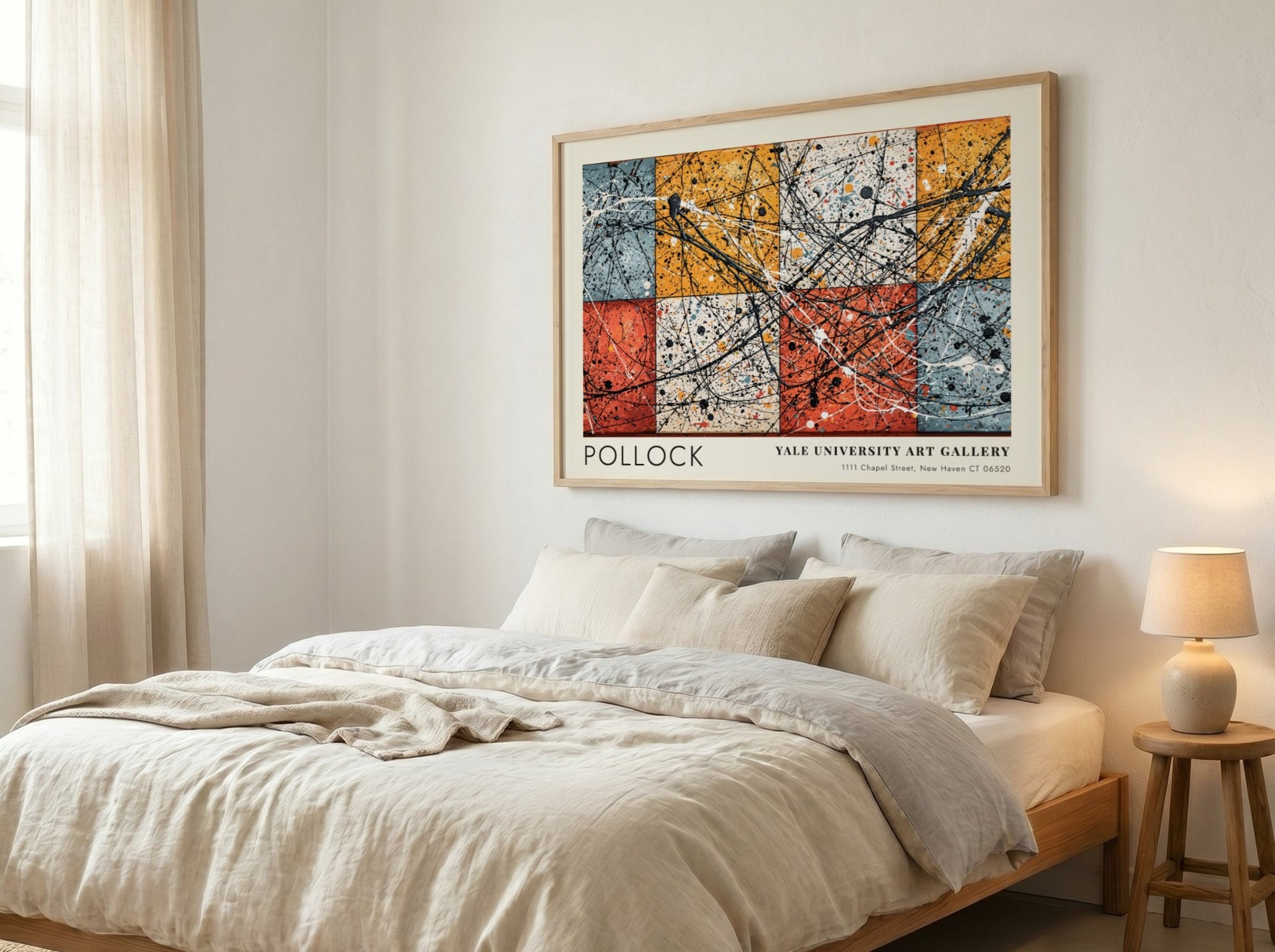 Wall art poster featuring Jackson Pollock Number 8 with black drips over colored squares.