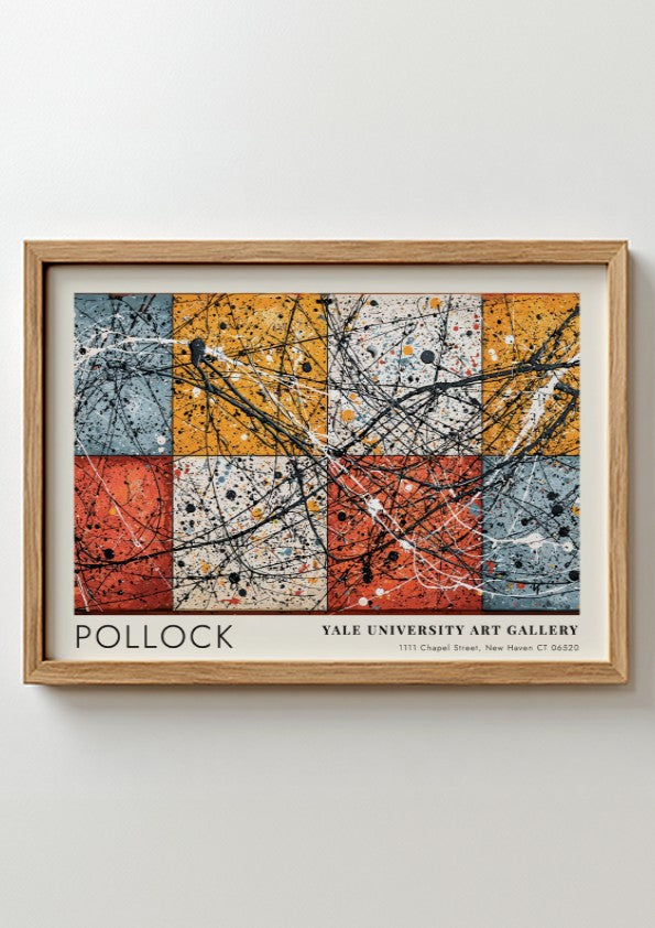 Wall art poster featuring Jackson Pollock Number 8 with black drips over colored squares.