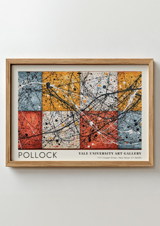 Wall art poster featuring Jackson Pollock Number 8 with black drips over colored squares.