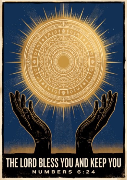 Poster displaying hands reaching toward a radiant golden sun mandala on navy blue background.