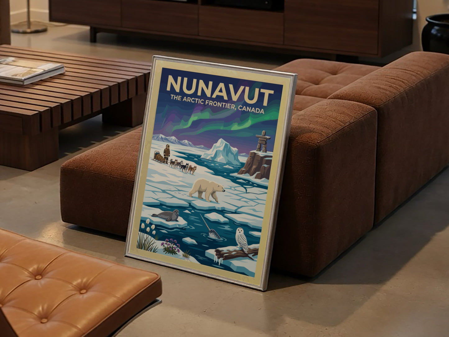 Travel poster featuring Nunavut with a dog sled, polar bear, narwhal, and northern lights.