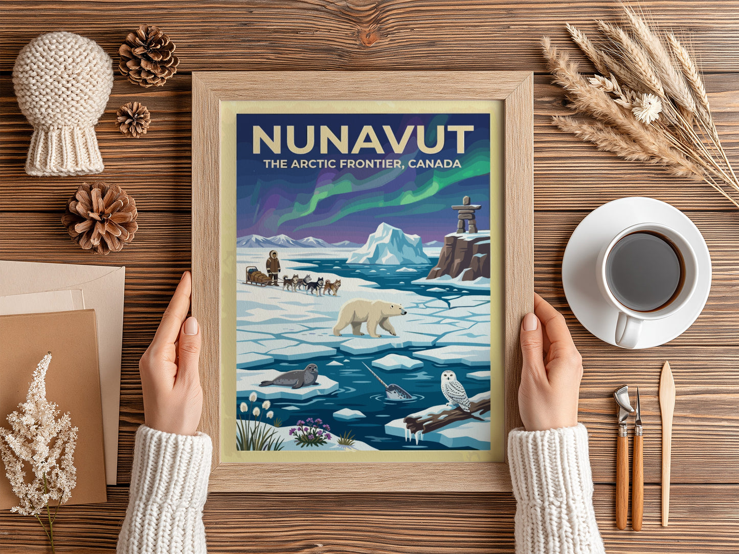 Travel poster featuring Nunavut with a dog sled, polar bear, narwhal, and northern lights.